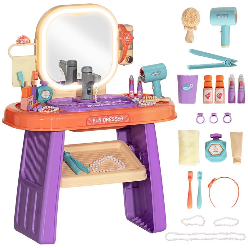 Qaba Kids Vanity Set with Self-Opening Magic Mirror, Princess Makeup Vanity Table Set with Music, Tabletop with Lights, Imaginative Toy for 3-6 Years Old Child