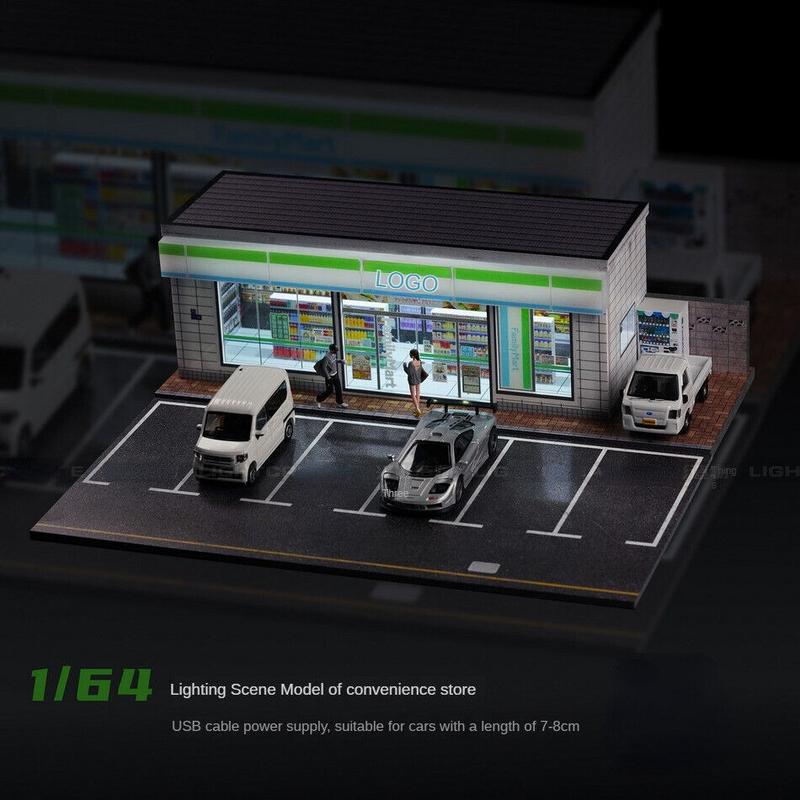 1 64 Scale Diorama Car Garage Model Hot Wheel LED Lighting City Convenience Store Building Model Car Parking Lot Scene Display Model Collection Gift