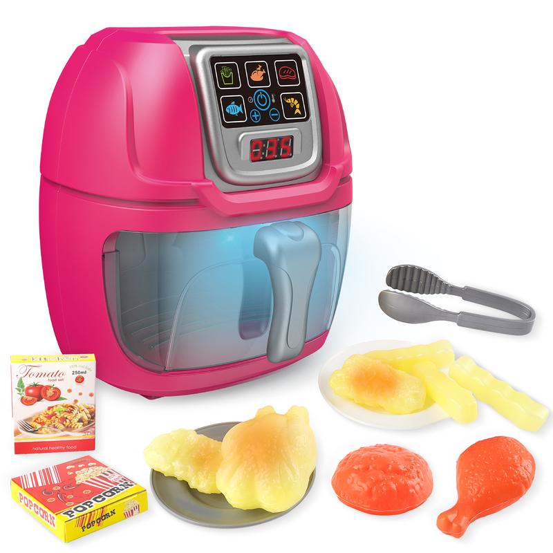 deAO Air Fryer Toy with Lights,Play Kitchen Color Changing Play Foods,13 PCS Pretend Food and Cooking Playset,Gift,Pink