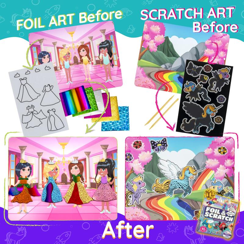 Craftikit Foil Art & Rainbow Scratch Art for Kids - 2-in-1 Arts and Crafts Kit for Kids Ages 4-10