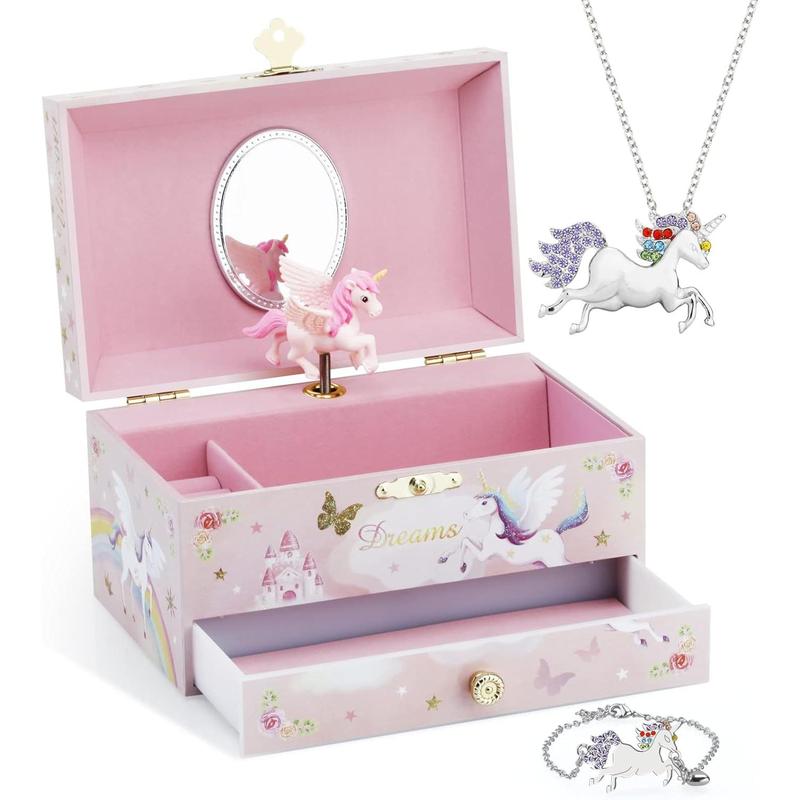 Kids Musical Jewelry Box for Girls with Drawer and Jewelry Set with Ballerina Theme - Swan Lake Tune Pink