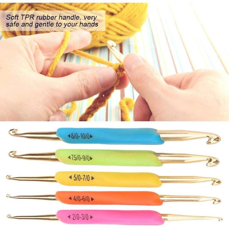 Double Head Crochet Hook Set, Aluminum Tip Knitting Needle Set with TPR Soft Rubber Handle (Random Color)