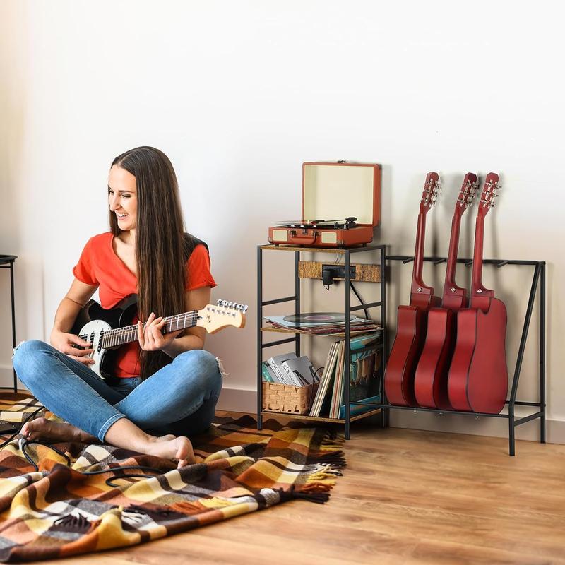 Electric Guitar Stand Record Player Stand, Record Storage with Charging Station for Acoustic, Electric, Bass, Ukulele, Guitar Accessories, Brown