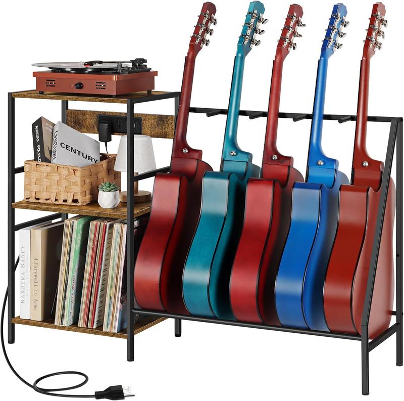 Electric Guitar Stand Record Player Stand, Record Storage with Charging Station for Acoustic, Electric, Bass, Ukulele, Guitar Accessories, Brown