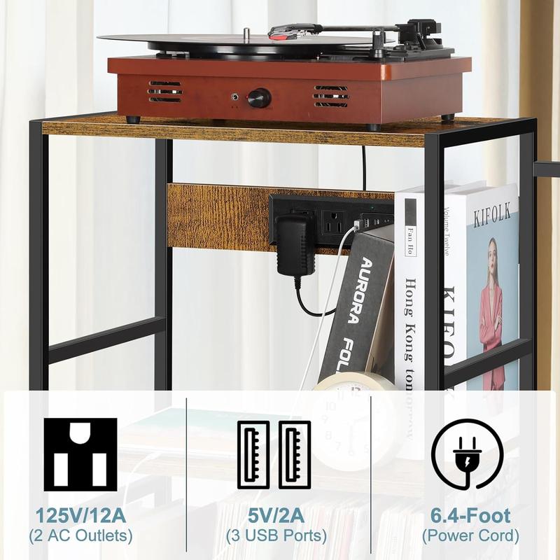 Electric Guitar Stand Record Player Stand, Record Storage with Charging Station for Acoustic, Electric, Bass, Ukulele, Guitar Accessories, Brown