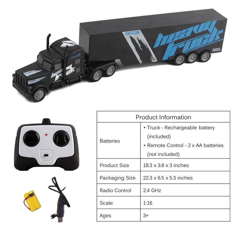 Vokodo RC Semi Truck And Trailer 18 Inch 2.4Ghz Fast Speed 1:16 Scale Rechargeable Battery Remote Control Tractor Tanker Hauler Car Big Rig 18 Wheeler Toy for 3 4 5 6 7 8 Year Old Boys Kids (Black)