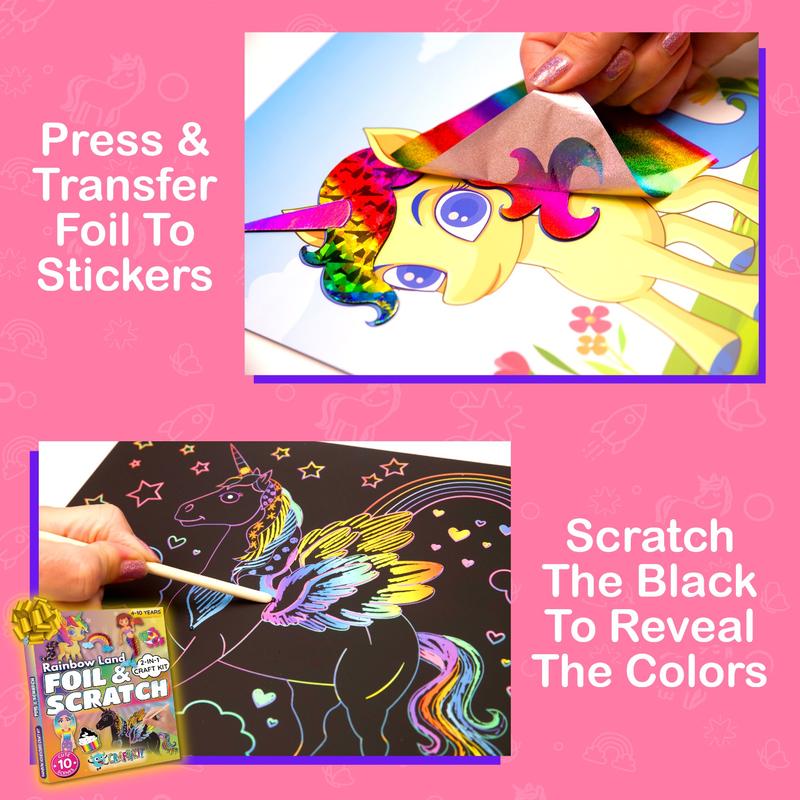 Craftikit Foil Art & Rainbow Scratch Art for Kids - 2-in-1 Arts and Crafts Kit for Kids Ages 4-10