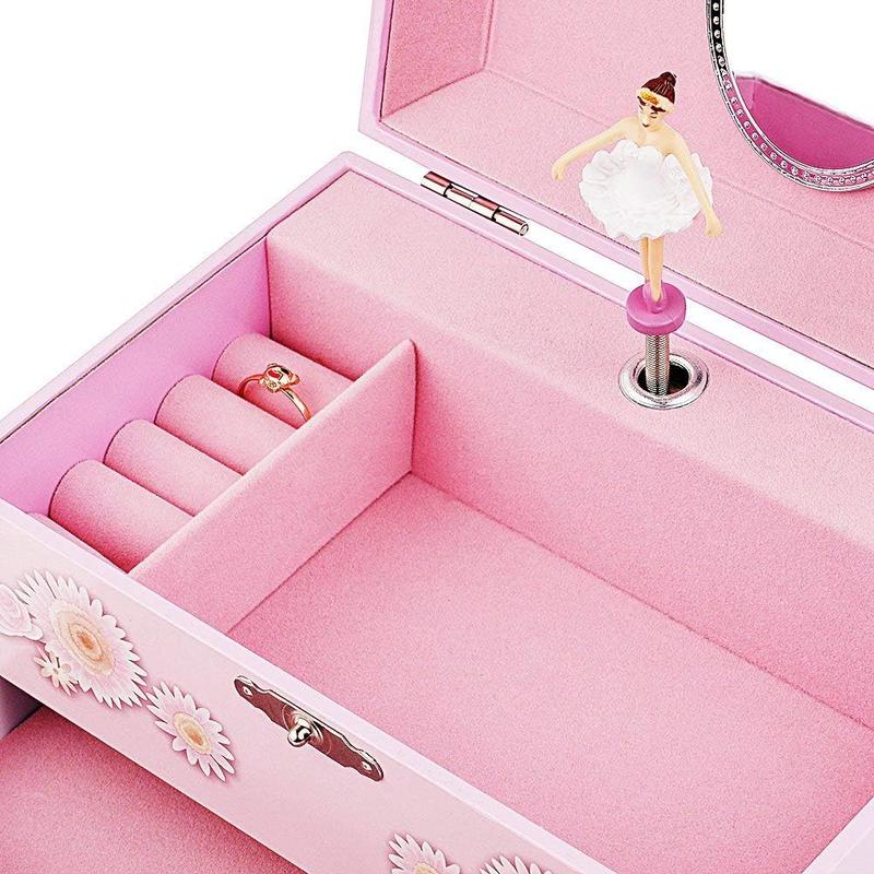 Kids Musical Jewelry Box for Girls with Drawer and Jewelry Set with Ballerina Theme - Swan Lake Tune Pink