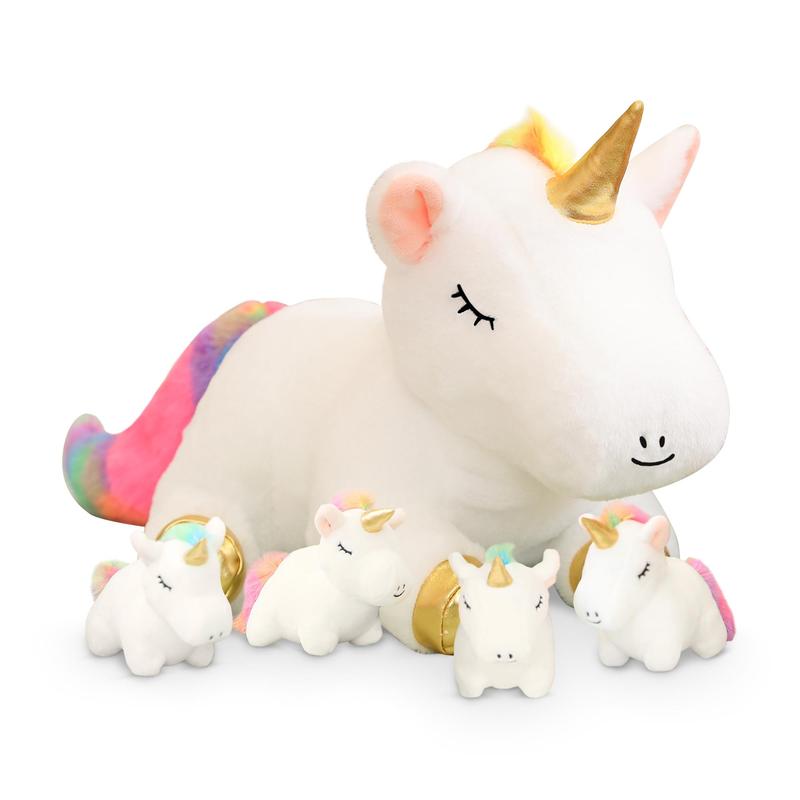 Colorful Unicorn Design Plush Toy, Cute Stuffed Animal Toy with 4pcs Baby Plush Unicorns in Her Tummy, Suitable for Birthday Gift