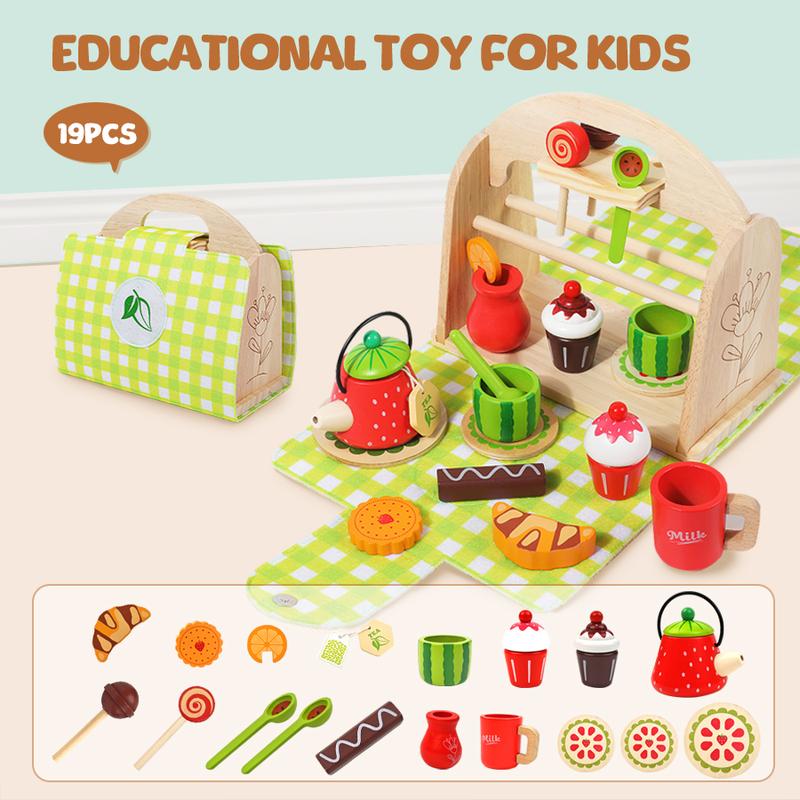 Happy Afternoon Tea Set Toys, Green Wooden Portable Set Bag, Funny Children's Dress Up & Pretend Play Toys, Montessori Educational Toys For Boys Girls, Halloween Christmas Birthday Gifts