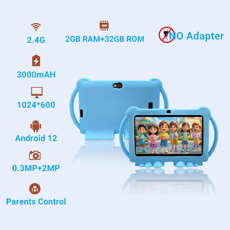 7 Inch Student Tablet, Cute Cartoon Design Tablet with Parental Control, Learning Tablet with Shockproof Case, Educational Tablet, Idea Gift for Boys & Girls