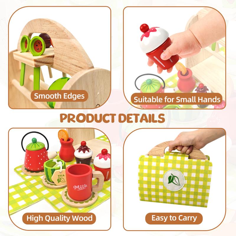 Happy Afternoon Tea Set Toys, Green Wooden Portable Set Bag, Funny Children's Dress Up & Pretend Play Toys, Montessori Educational Toys For Boys Girls, Halloween Christmas Birthday Gifts