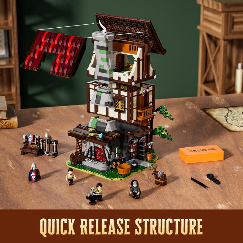 Funwhole Medieval Forge House,1595 Pcs, Lighting Building Bricks Set ,Blacksmith kit Collectible Display LED Light Building, stress-relief Toys ,  Holiday Gift  for Adults and Teens