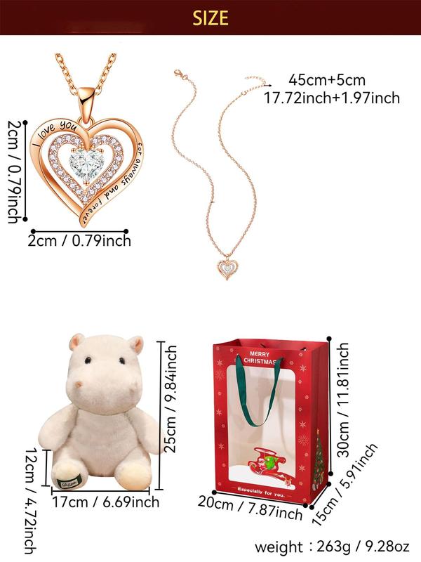 Christmas Rhinestone Decor Love Shaped Pendant Necklace with Cute Hippo Plush Toy, Creative Plush Toy with Gift Bag, Fashion Jewelry for Women & Men