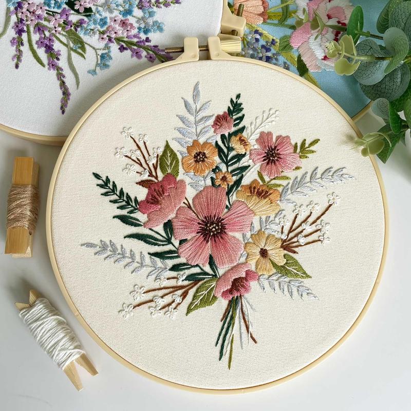 Embroidery Kit, 4 Flower Pattern Embroidery Set with 4 Patterns and 2 Hoops, Adult and Beginner Needlepoint Kit with Embroidery Floss, , Cotton Fabric and Instructions...