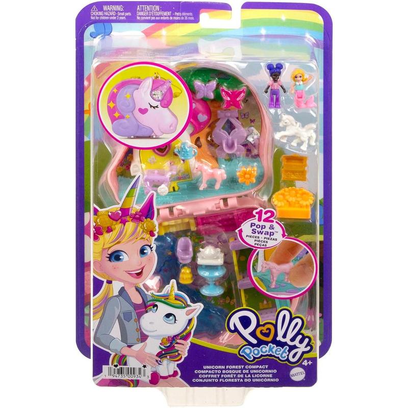 Polly Pocket Compact Playset, Unicorn Tea Party with 2 Micro Dolls & Accessories, Travel Toys with Surprise Reveals