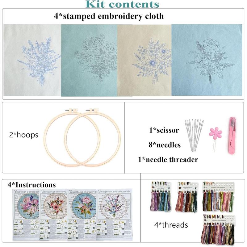 Embroidery Kit, 4 Flower Pattern Embroidery Set with 4 Patterns and 2 Hoops, Adult and Beginner Needlepoint Kit with Embroidery Floss, , Cotton Fabric and Instructions...