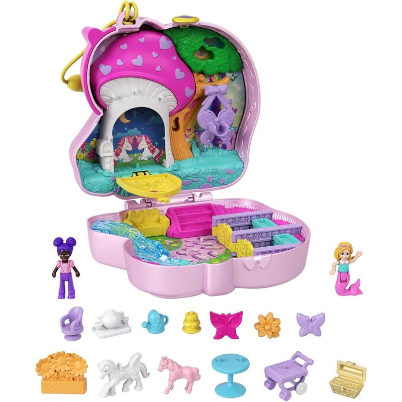 Polly Pocket Compact Playset, Unicorn Tea Party with 2 Micro Dolls & Accessories, Travel Toys with Surprise Reveals