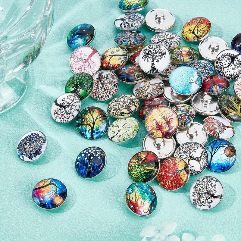 1 Box 48Pcs Snap Jewelry Charms 18mm Glass Snap Buttons Bulk Tree of Life Snap Button Interchangeable Snaps Button for Jewelry Making Lanyard Necklace Bracelet Breakaway Buttons Craft