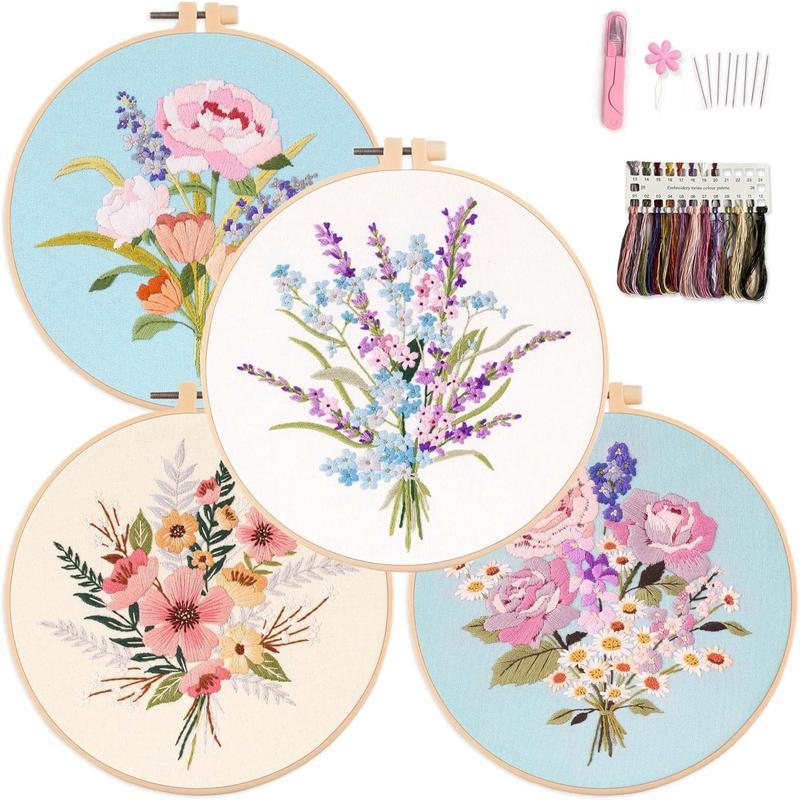 Embroidery Kit, 4 Flower Pattern Embroidery Set with 4 Patterns and 2 Hoops, Adult and Beginner Needlepoint Kit with Embroidery Floss, , Cotton Fabric and Instructions...