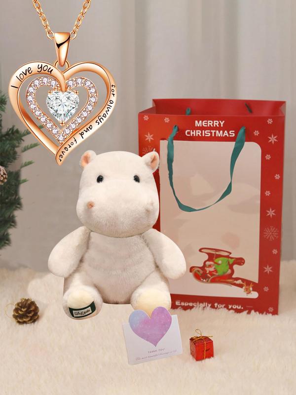 Christmas Rhinestone Decor Love Shaped Pendant Necklace with Cute Hippo Plush Toy, Creative Plush Toy with Gift Bag, Fashion Jewelry for Women & Men