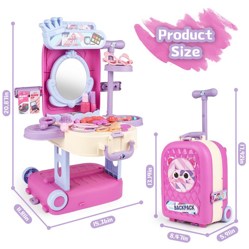 deAO 2 in 1 Makeup Table Vanity & Suitcase Set with Fashion Makeup Accessories Pretend Play Travel Suitcase Fashion Set Christmas gift