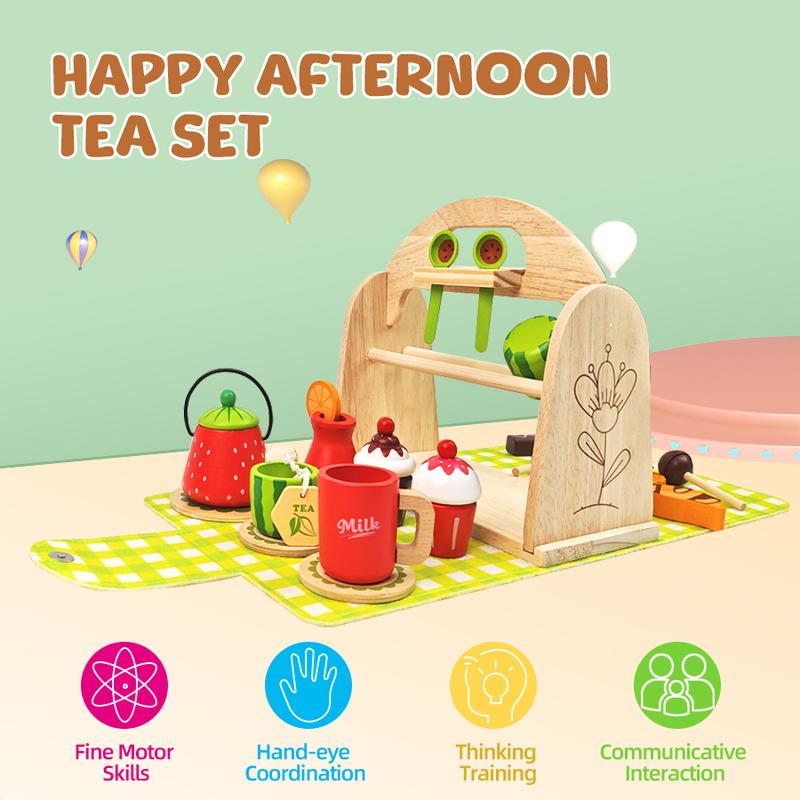 Happy Afternoon Tea Set Toys, Green Wooden Portable Set Bag, Funny Children's Dress Up & Pretend Play Toys, Montessori Educational Toys For Boys Girls, Halloween Christmas Birthday Gifts