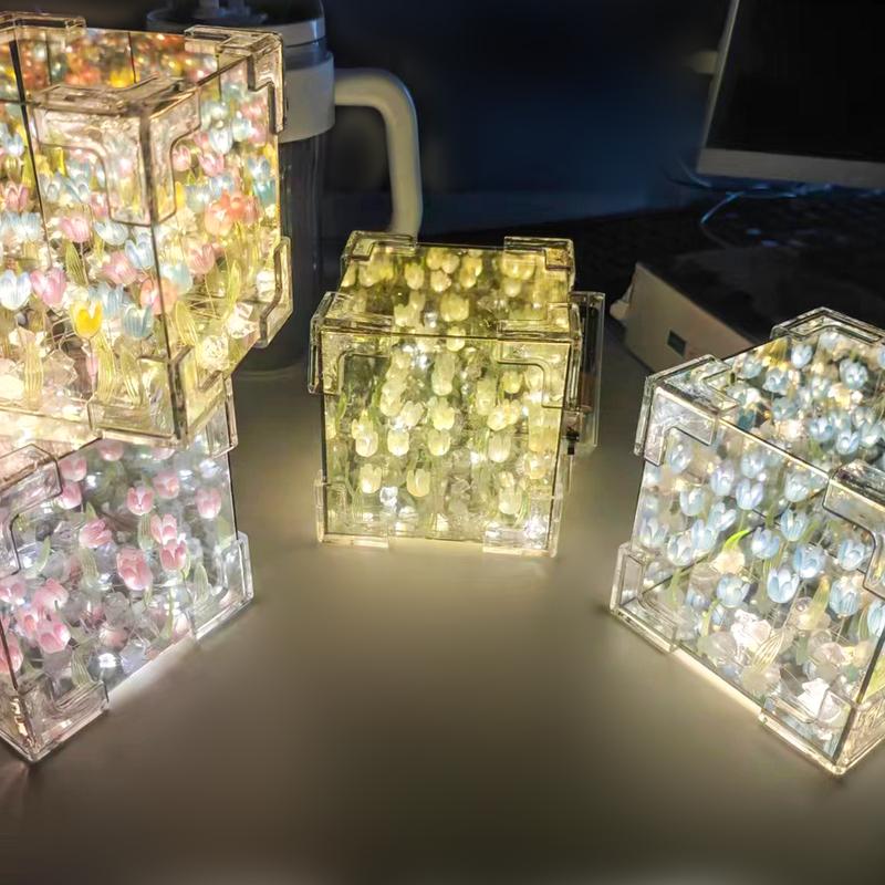 DIY Tulipanes Infinitos Espejo. 20 Flower Tulip Lamp Cube. Tulip Box with Lights. For Tulip Lamp Cube Night Light. Tulipanes Espejo night light