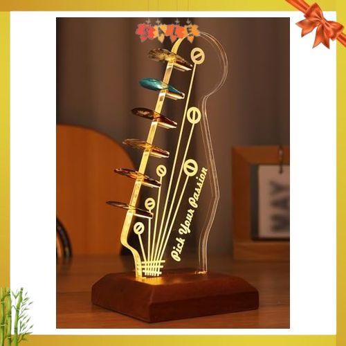 Light Up Guitar Pick Holder, Acrylic Electric Guitar Headstock Shaped Pick Holder with Wooden Base for Picks Storage and Display, Guitar Accessories Gift for Guitar Players Guitarists