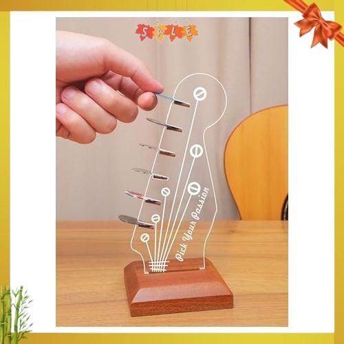 Light Up Guitar Pick Holder, Acrylic Electric Guitar Headstock Shaped Pick Holder with Wooden Base for Picks Storage and Display, Guitar Accessories Gift for Guitar Players Guitarists