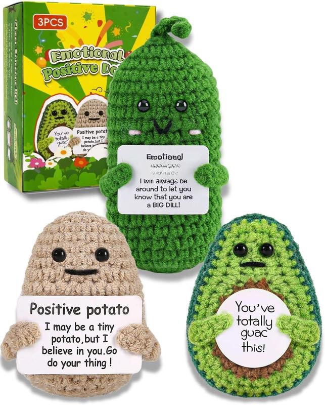 Gifts for Women Men Positive Potato Pickle: 3 count Funny Crochet Dolls Christmas Stocking Stuffers Friends Coworkers Roommates College Students Sister with Cheer Up Cards (Potato,Pickle,Avocado)