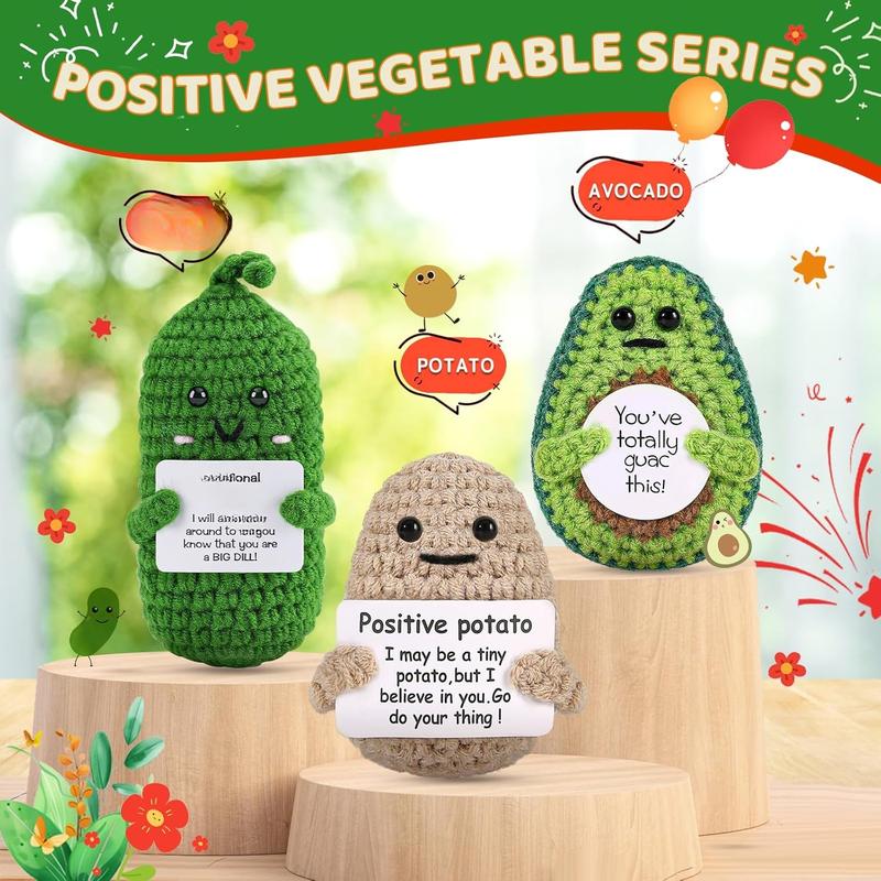 Gifts for Women Men Positive Potato Pickle: 3 count Funny Crochet Dolls Christmas Stocking Stuffers Friends Coworkers Roommates College Students Sister with Cheer Up Cards (Potato,Pickle,Avocado)