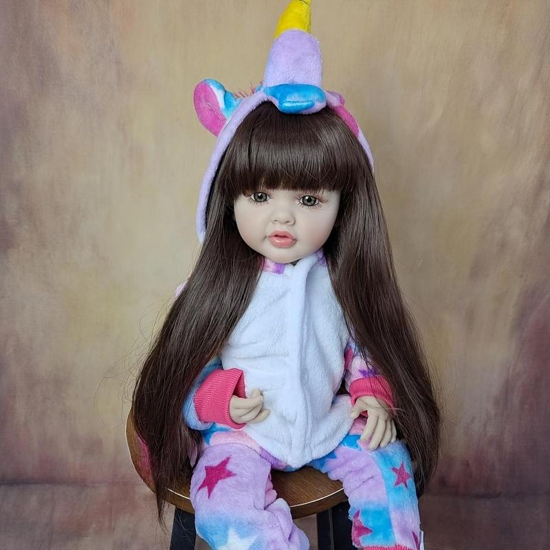 22 Inch Cute Reborn Teenager Girl Doll, Lifelike Dress Up Toy with Long Brown Hair, Soft Silicone Birthday Gift