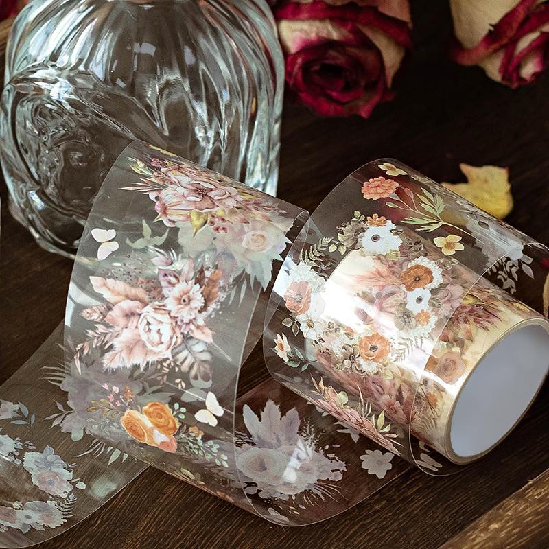 Vintage Flower Pattern PET Tape, 1 Roll DIY Decorative Tape, Scrapbooking & Journal Making Material Tape, Office Stationery & Supplies