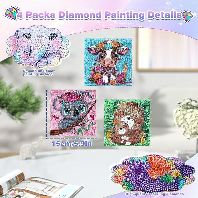 Cute Animal Diamond Painting Art Kits for Kids Age 4-10 Arts and Crafts for Girls gift,Four different animals Turtle Panda Cow Owl