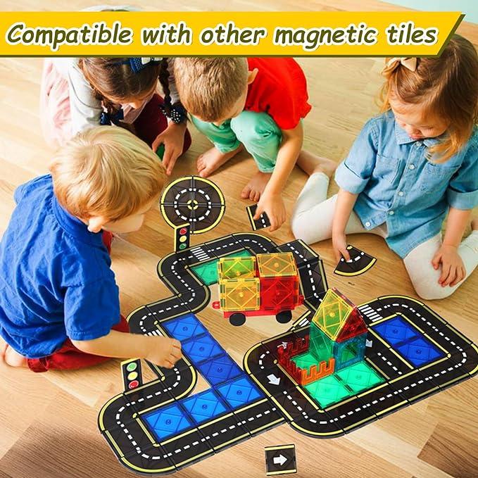 Magnetic Tiles Road Set, STEM Magnet Building Blocks for Toddler Kids, Montessori Educational Toy Gifts for 3+ Year Old Boys & Girls