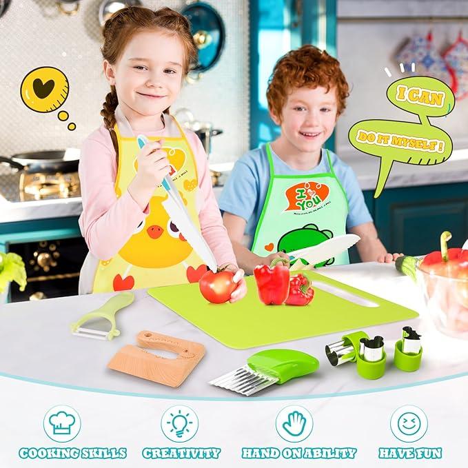 15pcs Montessori kitchen tools allow young chefs to be creative, non-toxic and safe materials made of real kitchen essential accessories, such as aprons, knives, cutting boards and various food models montessori kid Child's Safe Culinary Cooking Set