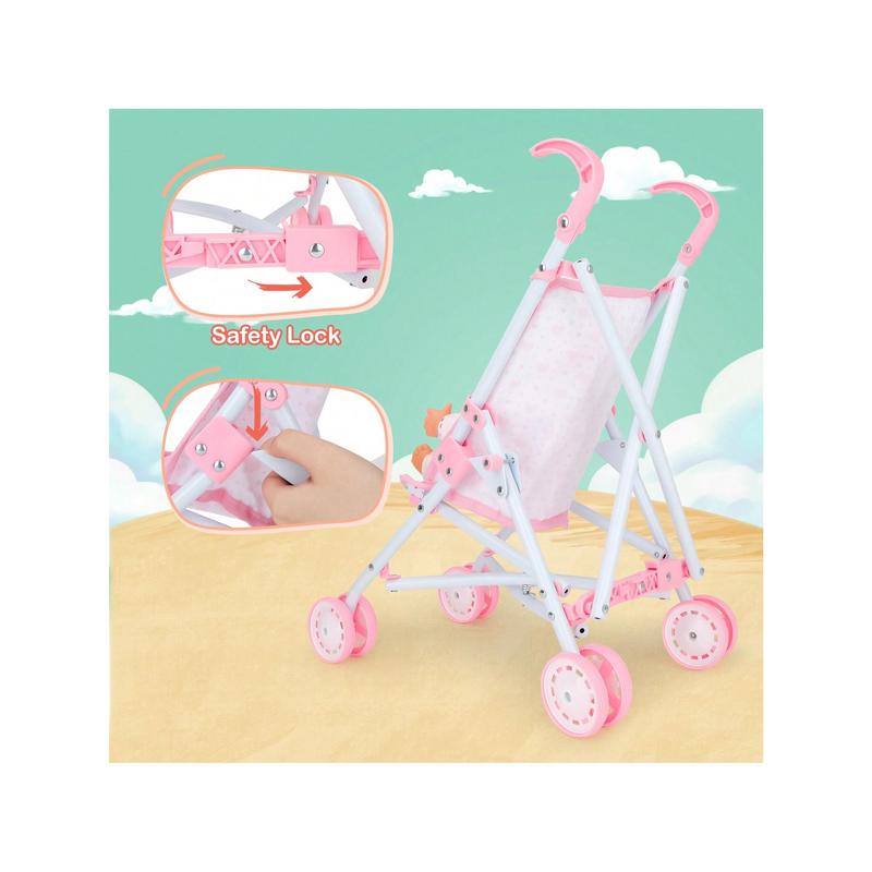 Baby Doll And Stroller Set - Baby Doll With Pacifier Gift Set - Pink Fabric Baby Stroller Toy For Kids - Foldable Play Stroller For Dolls With Canopy - Baby Doll Stroller For Toddlers, Girls,Christmas Toy Gifts