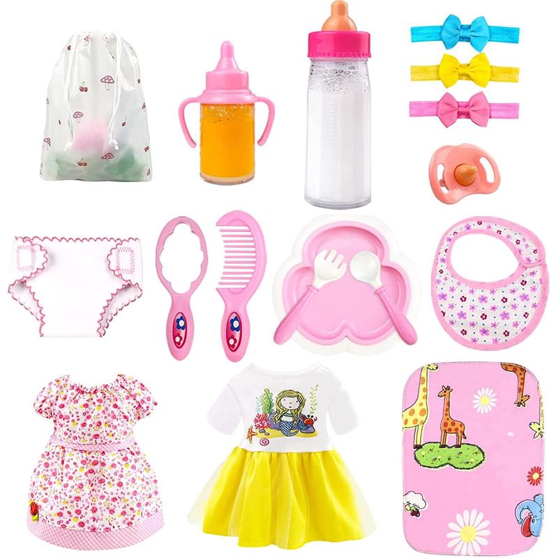 Doll Accessories Doll Feeding and Caring Set includes  Doll Diapers, Magic Bottle, Changing Mat for Girl Kid, Pretend Play Set for Birthday Gift Christmas