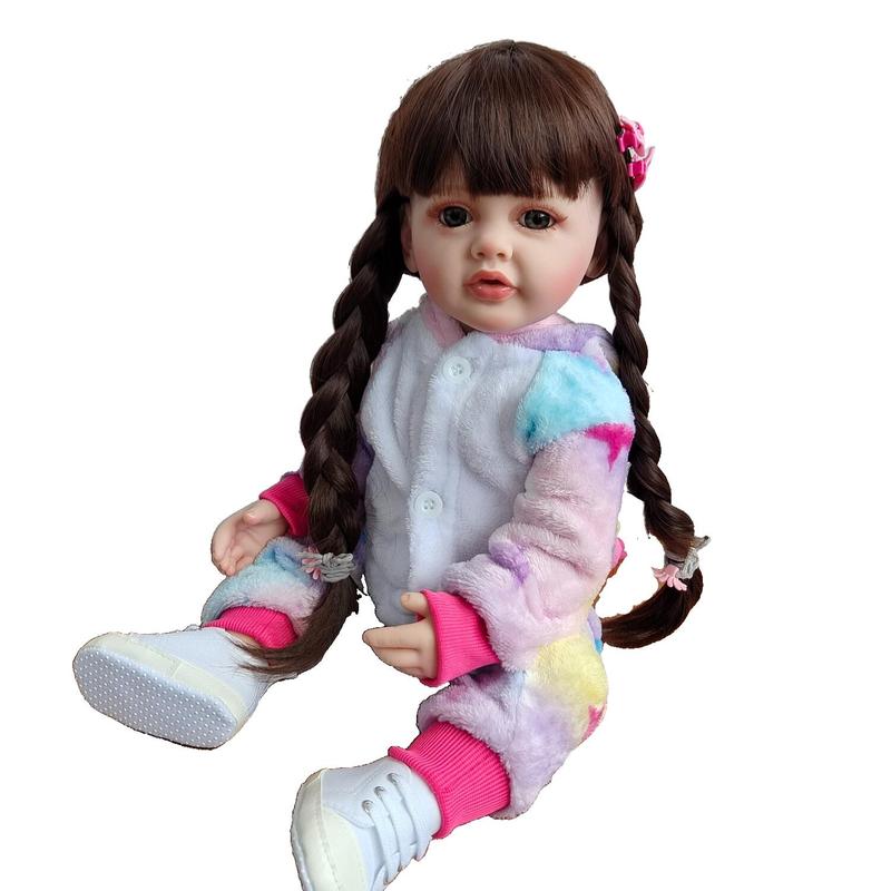 22 Inch Cute Reborn Teenager Girl Doll, Lifelike Dress Up Toy with Long Brown Hair, Soft Silicone Birthday Gift