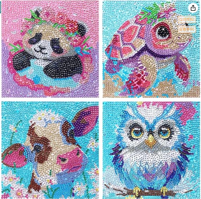 Cute Animal Diamond Painting Art Kits for Kids Age 4-10 Arts and Crafts for Girls gift,Four different animals Turtle Panda Cow Owl