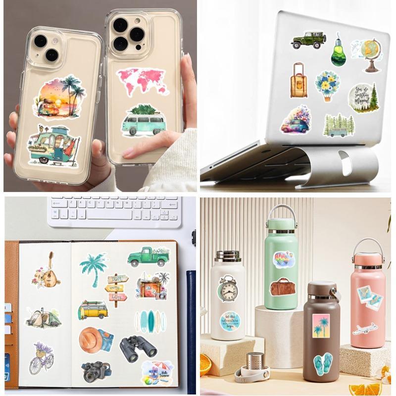 Cartoon Outdoor Travel Pattern Sticker, 50pcs Waterproof Self Adhesive Decor Paper, Creative Sticker for DIY Scrapbooking Laptop Luggage Car Decor