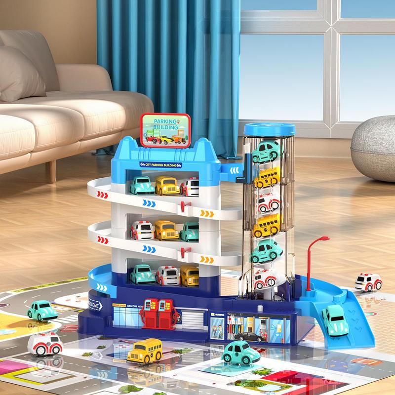 1 Piece Car Parking Game Set, Garage Track with Elevator & 4 Car Set, City Parking Building Toy For Kids