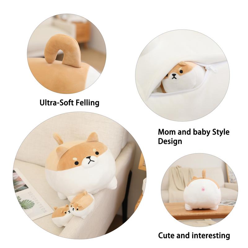 Stuffed Animal Shiba Inu Plush Toy with 4 Baby , Soft Anime Kawaii Animal Pillow,Stuffed Cotton Plush Animal Toy Gift for Kids