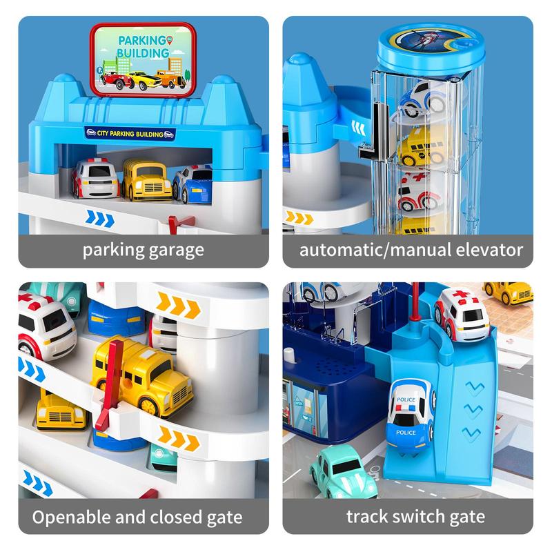 1 Piece Car Parking Game Set, Garage Track with Elevator & 4 Car Set, City Parking Building Toy For Kids