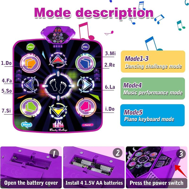 Dance Mat for Kids, Adjustable Volume, Built-in Music, 5 Game Modes, Dancing Game Pad for 3 4 5 6 7 8+ Year Old Girls Boys, Dance Toys Gifts, Perfect Xmas Birthday Gift