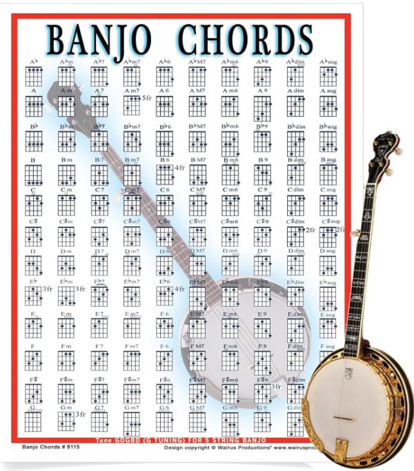 Mini Banjo Chord Chart Poster - Laminated Banjo for Beginners and Musicians Chart - Music Theory Poster with 120 Different Chords - Banjo Accessories - 8.5