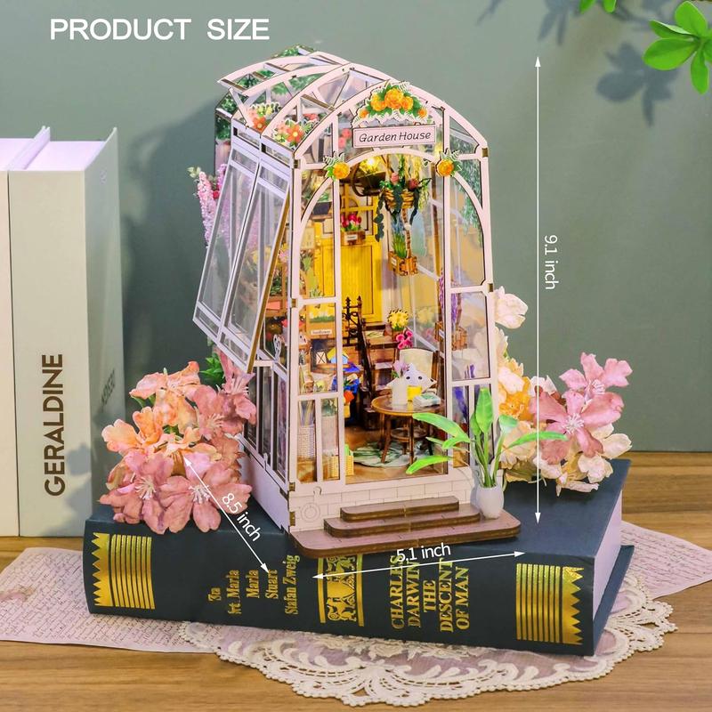 DIY Book Nook Kit, Miniature Dollhouse Booknook Kit, Creativity 3D Wooden Puzzle Bookend Bookshelf Decor with Light for Adults, Flower Garden