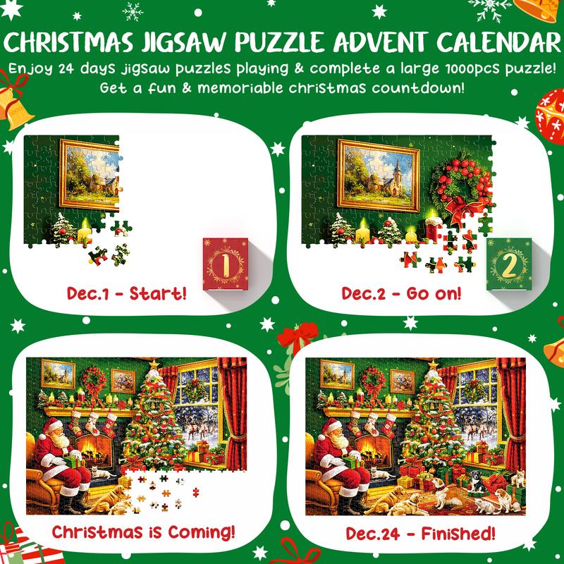 TIBLUE Christmas Eve Handcrafted Jigsaw Puzzle 2024-1000 Pieces Christmas Jigsaw Puzzles for Adults, Advent Calendar Family Game Puzzle Xmas Gift Idea 24 Days Surprises for Women Men