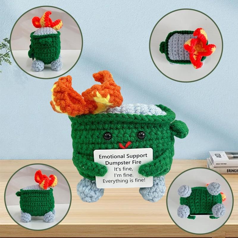 Emotional Support Crochet Dumpster Fire with Positive Card, Cute Room Decor Knitted Toys Funny Crochet Support Buddies Gifts for Friends(Green)